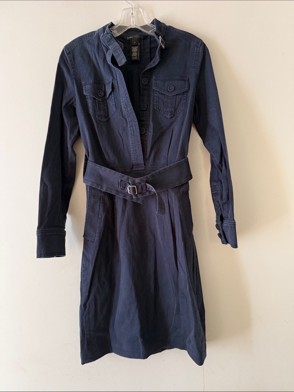 Marc Jacobs Navy Military  Style Long Sleeve Shirt Dress with Belt